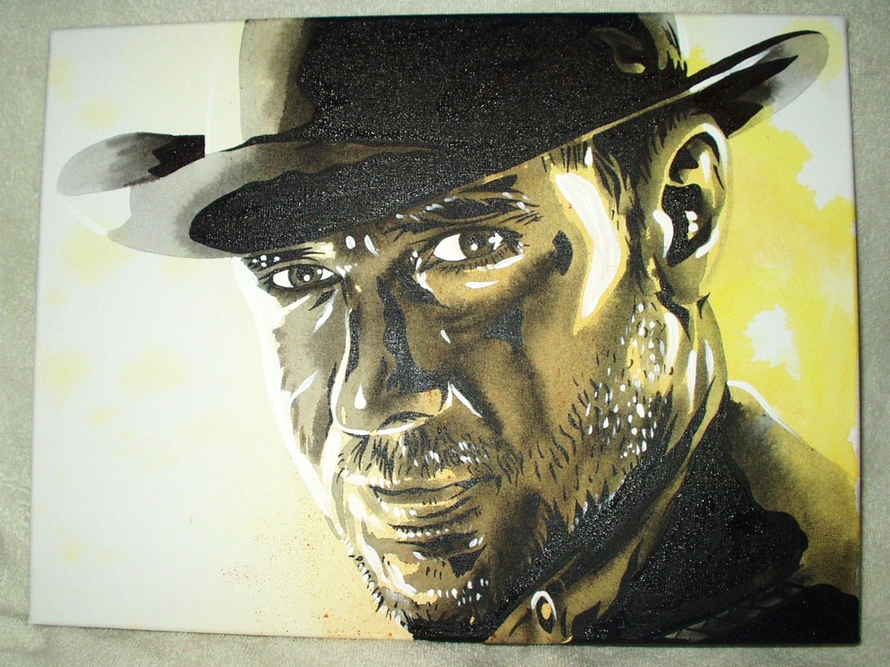Canvas Painting Indiana Jones Harrison Ford Speckled B&W Art 16×12 inch Acrylic