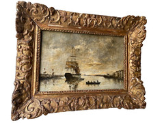 EUGENE BOUDIN – 19th FRENCH HUGE OIL ON CANVAS – SHIPS IN THE PORT OF HONFLEUR