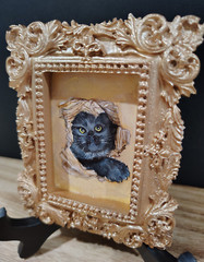ORIGINAL Mini Black Cat Kitten Watercolor Painting Vintage Style Gold Frame Deco
