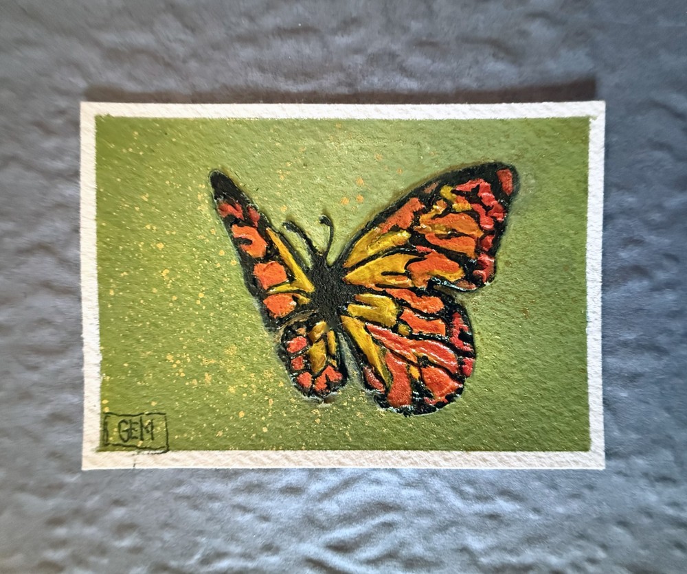 ACEO Original Watercolor & Modeling Paste, Bas Relief Butterfly 3.5″x2.5″, GEM
