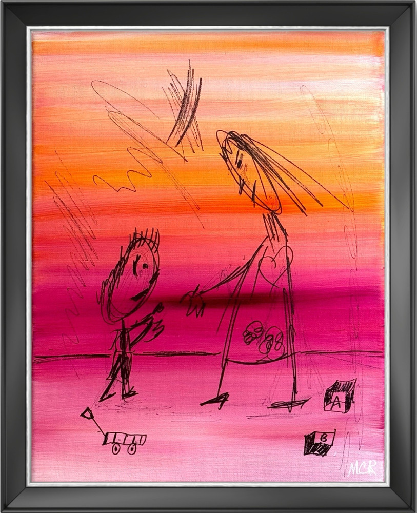 Ink Line Drawing Mother Child Abstract Signed Mixed Media Art Painting 11×14