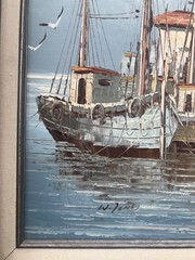 Original Oil Painting Art Fishing Boats Northern Harbor Seascape Signed W. Jones