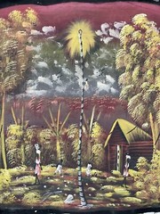 Original Haitian oil hand painting 19in x 23in orange sunset people in wildlife