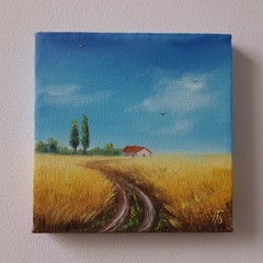 Golden Wheat Field Farmhouse Original Oil Painting Country Landscape Wall Decor