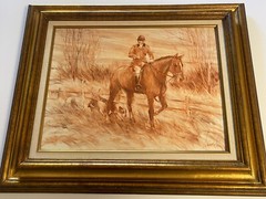 Vintage Painting Impressionist Hunting Dogs Man Horse Landscape Listed Artist