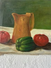 Antique Still Life Oil Painting Vegetables Tomatoes Peppers Primitive Farmhouse