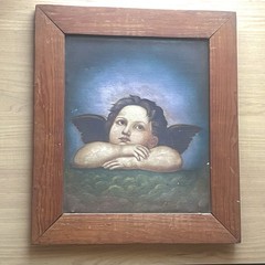 Wood Framed Rustic Canvas Painting Reproduction – Raphael’s Angel / Cherub VTG