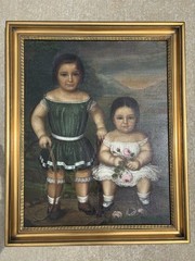 1850s Antique Folk Art 19th C Portrait Painting of Two Sisters Children American