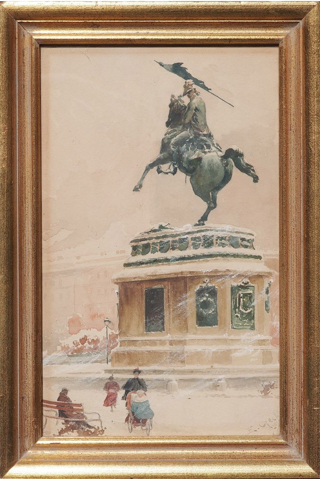 Vienna Austria Charles monument in snow antique watercolor painting Emil Czech