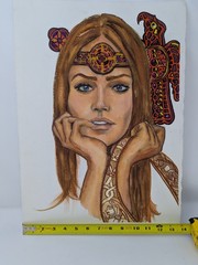 Original Watercolor Painting Celtic Fantasy Woman Portrait Signed LeBailly 1970s