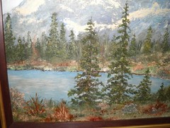 c1970’s Vtg. Alpine Mountain Lake Scene Oil Painting in Original Lrg Wood Frame