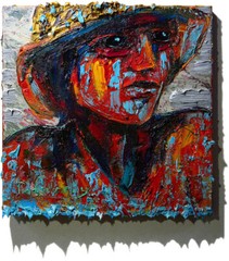 ORIGINAL OIL█PAINTING VINTAGE ART█SIGNED sea OUTSIDER BEACH WOMAN GIRL HAT FAUVE
