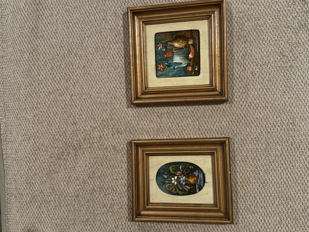 Pair of Vintage Folk Art Miniature Italian? Oil on Board Still Life Paintings