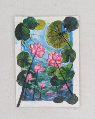 ACEO Original Painting OOAK Pink Lotus Water Lily Pond Acrylic Watercolor Floral