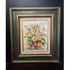 vintage oil painting featuring a bouquet of yellow flowers pinkish-purple vase.