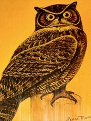 Vintage Ruane Manning Signed Owl Bird Wood Slab Glazed Nature USA 70’s Rustic