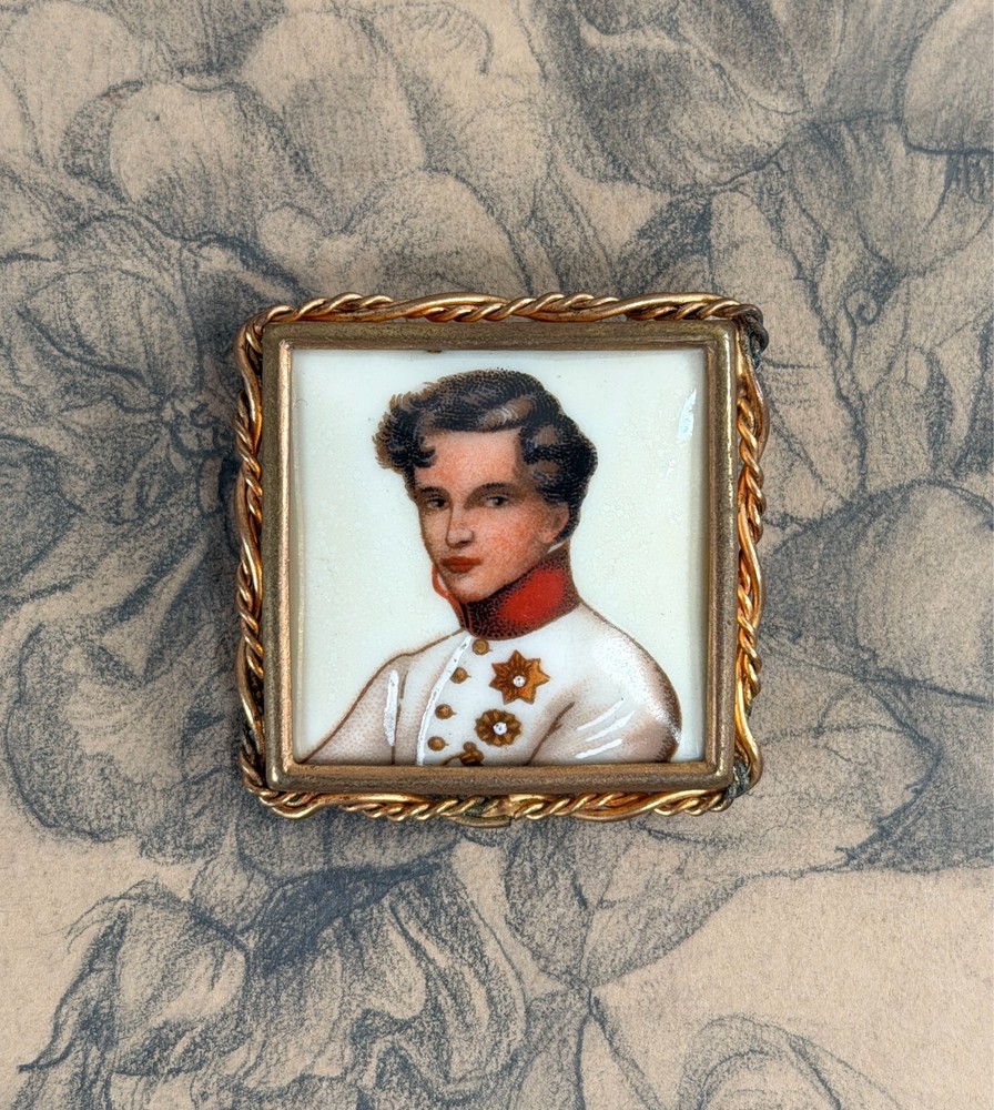 Antique French Miniature Portrait Painting Pin Napoleon II Limoges Porcelain