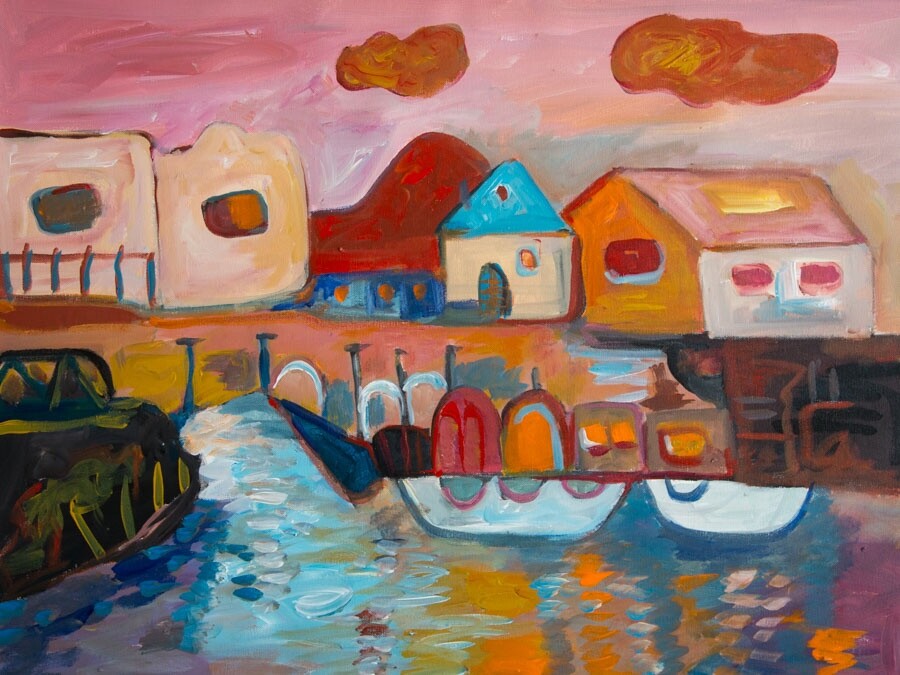 Original Art Painting on Cityscape Stretched Canvas 28″ x 22″