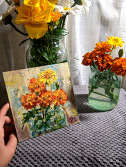 Original Oil Painting Marigolds in Jar 15x15cm Square Impasto Flower Art