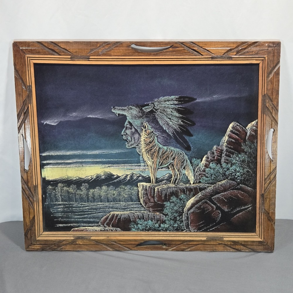 Vintage Native American Wolf Oil Painting Carved Frame 23×19 Hecho en Mexico