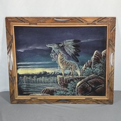 Vintage Native American Wolf Oil Painting Carved Frame 23×19 Hecho en Mexico