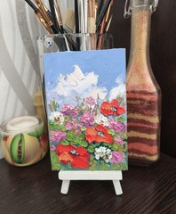Miniature Original Oil Painting Clover and Poppies Impasto Original Art 6x4in