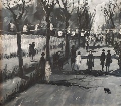 Large Original Black and White Oil Painting Italian Village Landscape Figures