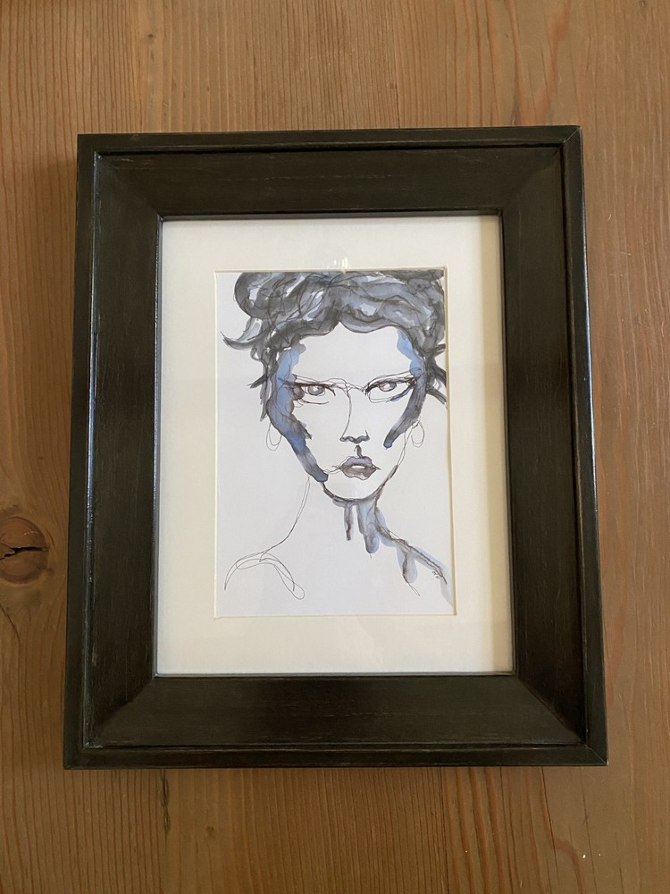 Framed watercolor and ink painting blue woman face