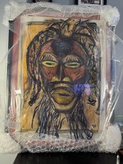 Mixed Media Portrait African American Mask Signed MH