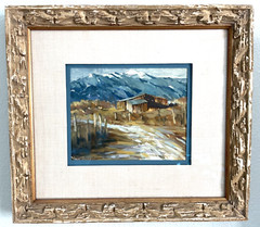 Ramon Kelley „Taos Mountains“ Original Gouache – Framed – Mountains Outbuildings