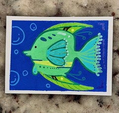 ACEO Original Acrylic Art Cards Fish Green Geometric Animal Marine Bubbles Nova