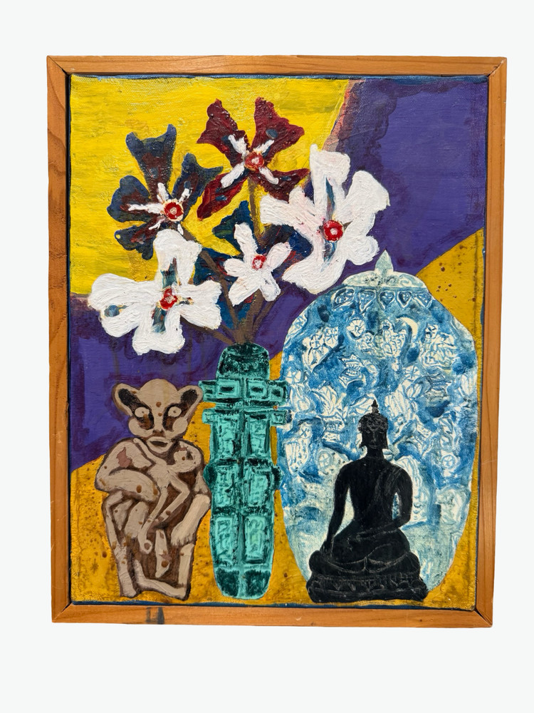 Original Contemporary Folk Art Still Life Painting Flowers Buddha Canvas Art