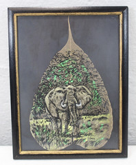 Vintage Framed Hand Painted Elephant On Peepal Leaf Black & Gold 9×7 Frame