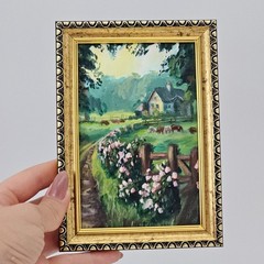 Original Oil Painting Country Cottage Landscape 4×6 Framed Farmhouse Art