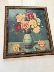 Valentin Signed Framed Floral Still Life Painting Roses in Vase Single Piece