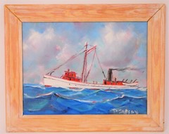 1981 ELLERY THOMPSON PAINTING WILCOX FISHING STEAMER SHIP MASTERPIECE MYSTIC CT
