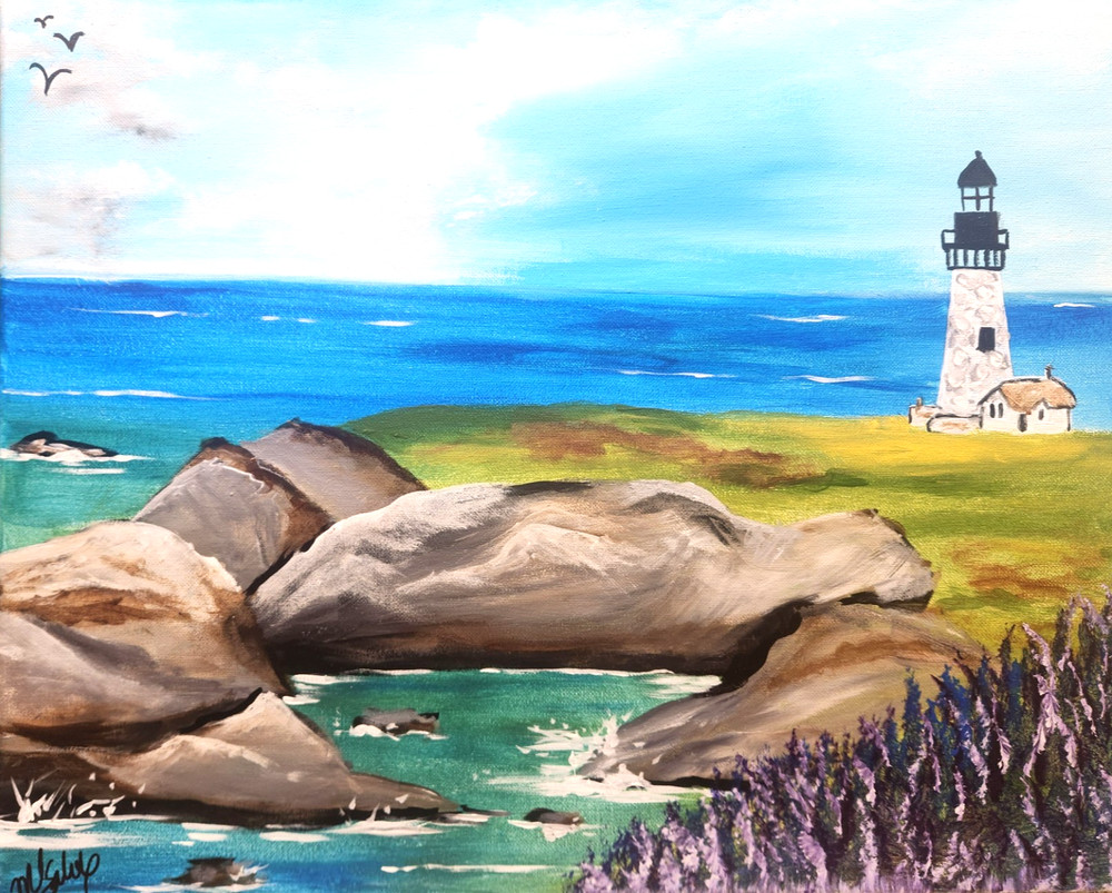 Coastal Lighthouse Painting 16×20 Original Beach Seascape Art by M Isaksen
