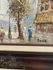 Mid-Century Signed Burnett Paris Street Scene Oil Painting In Ornate Wood Frame