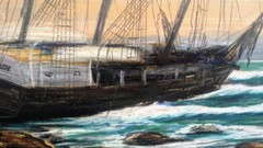 Old Vintage Artist Signed Pastel Art Painting Drawing Nautical Ship Landscape