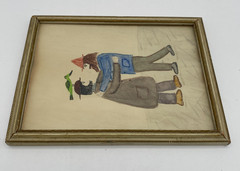Folk Art Watercolor Painting Symbolism Men Hug Bird Gnome Cap Sign Alliman Vtg