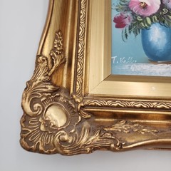 Vintage oil Painting On Board Flowers Still Life Signed Gold Framed 18×10″ Art