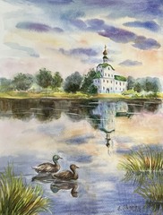 Hand Painted Landscape Church At The River Watercolor Painting 11×14 Wall Art