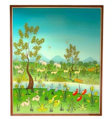 Arturo Alcala Mexican Folk Art Painting – Landscape with Birds, Deer & Wildlife