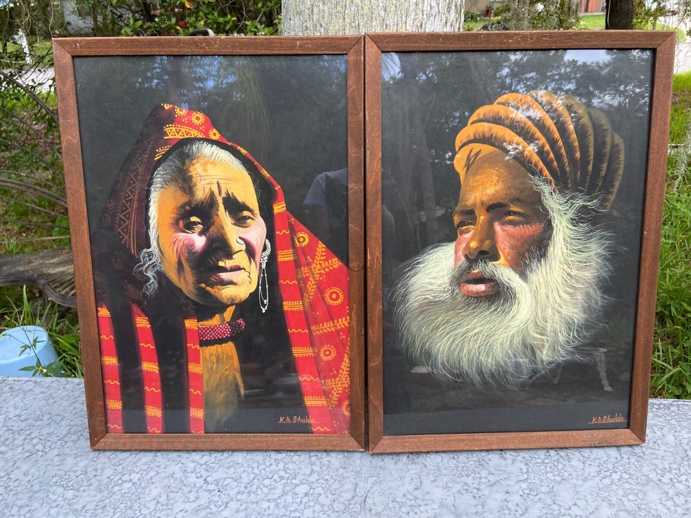 Mid Century Painting K.A. Shukla East Indian Man & Woman in Tribal Dress Amazing