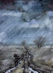 Traveler Man Rain Road Autumn Landscape Art Watercolor Painting conceptual wall
