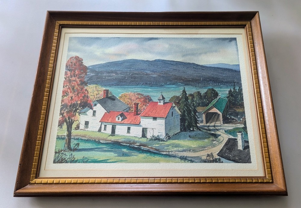 Vintage Signed Framed Matted Watercolor Painting of Vermont Scenery. 23″ x 19″