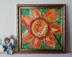 Framed Bright Sunflower Textured Flower Art 8×8” Impasto Oil Painting Original