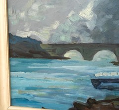 Mid Century Expressionist River/Bridge Fishing Painting, Signed and Dated 1950