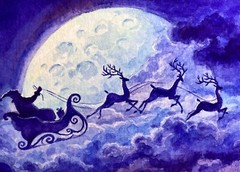 Watercolor Painting Winter Christmas Santa Reindeer Moon Night ACEO Art No.65