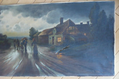 R. HAIL, EUROPEAN SCHOOL ANTIQUE OLD OIL PAINTING MOODY LANDSCAPE FIGURES SUNSET
